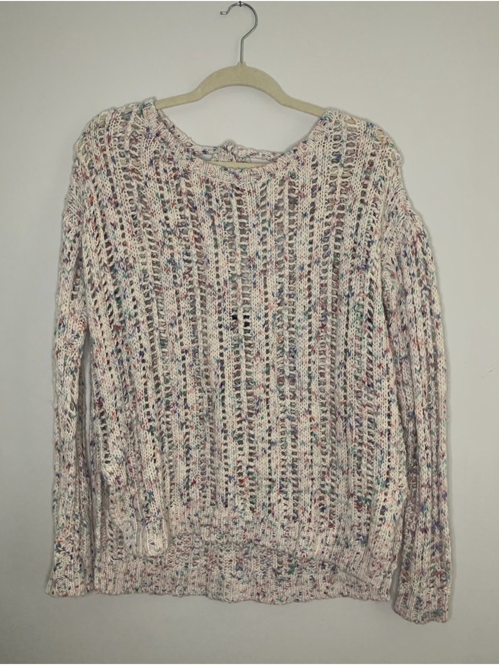 American Eagle Outfitters Cream Speckled Open-Knit Crewneck Sweater